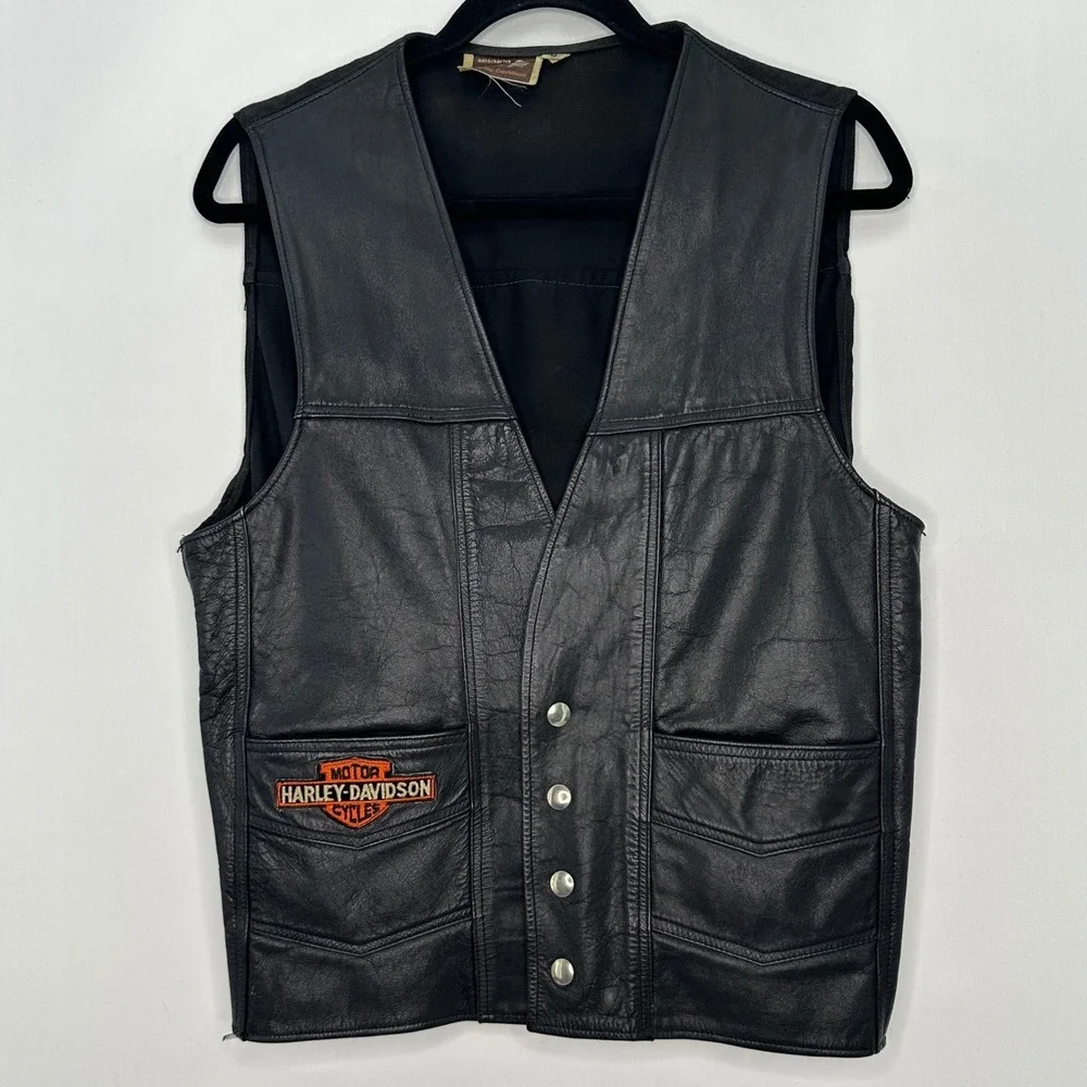 Vintage 70s AMF Harley-Davidson Leather Biker Vest Men M Canvas Patch Bar Shield